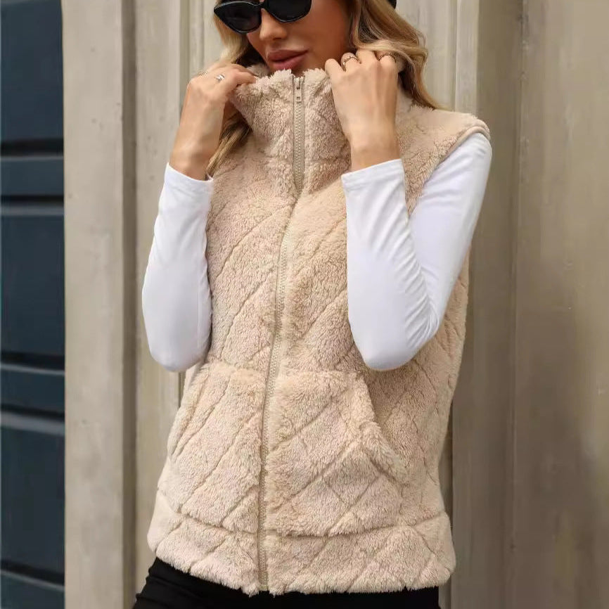 Loose Zip Diamond Lattice Coat Plush Vest