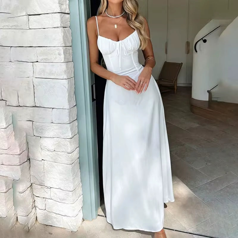 Elegant Maxi Long Waist Wrap A-Line Dress Women Spaghetti Strap 2025 Summer Fashion Dress Backless Sexy Party Dresses