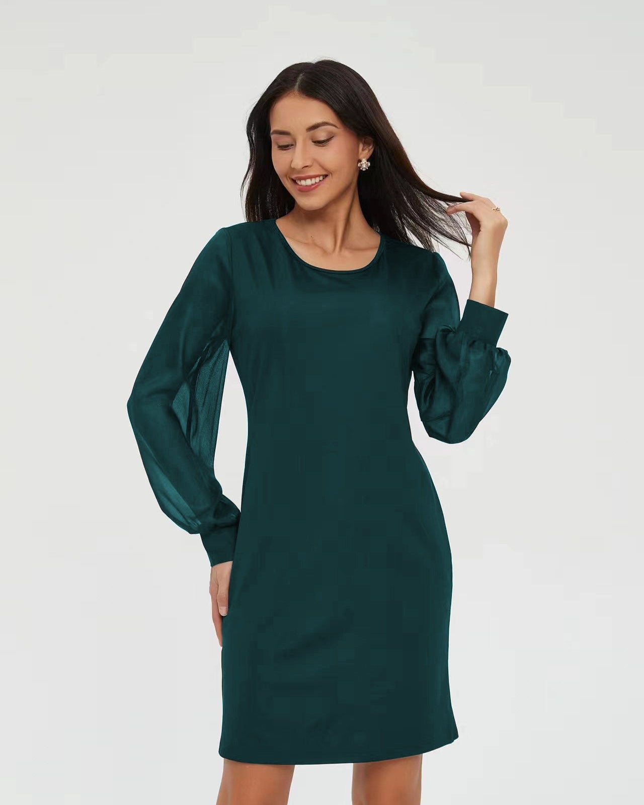 European and American Long-Sleeve Round-Collar Dress