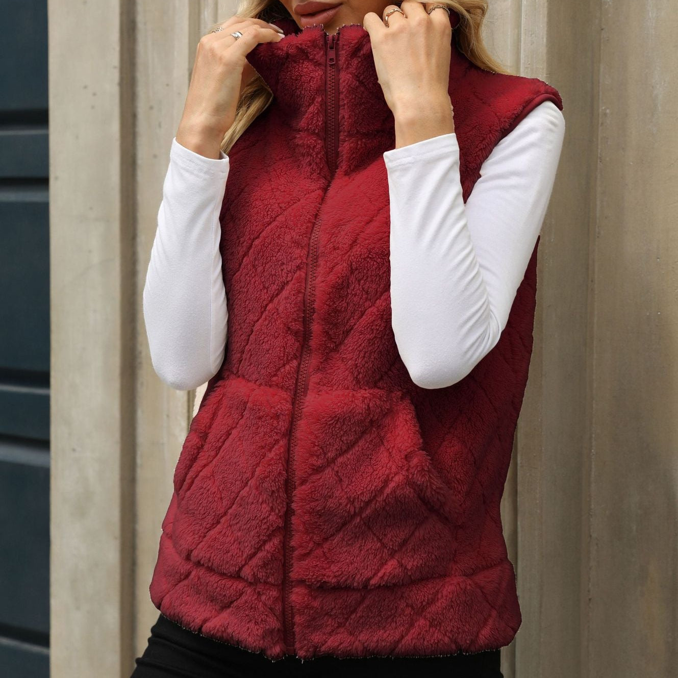 Loose Zip Diamond Lattice Coat Plush Vest