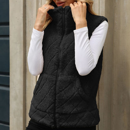 Loose Zip Diamond Lattice Coat Plush Vest
