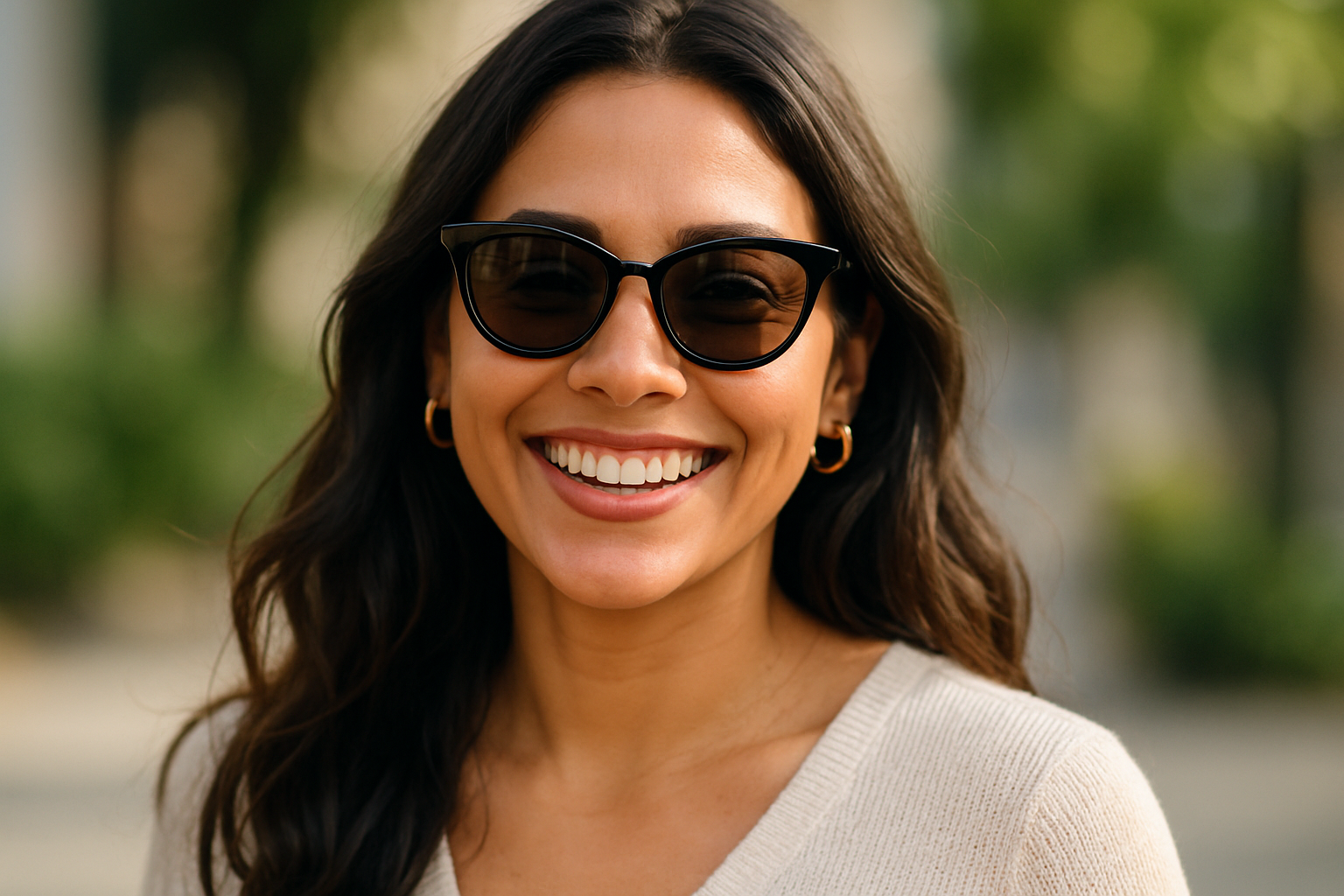 Latina beauti wearing sunglaasses happy smiling