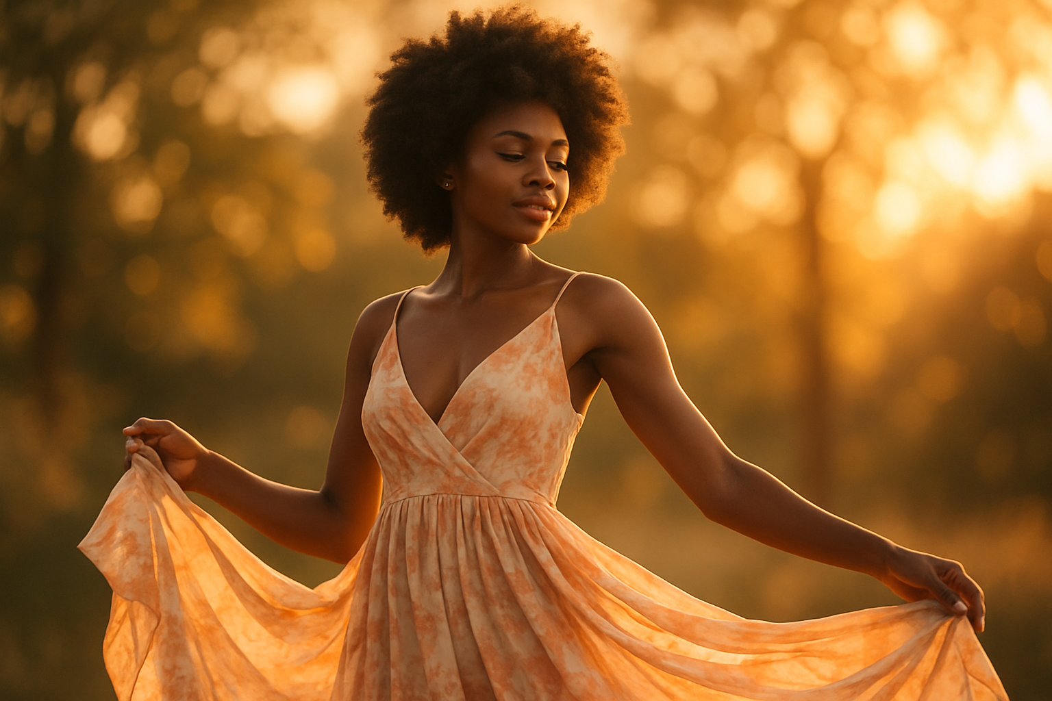 neautiful black girl with afro showing off her dress in summer at golden hour