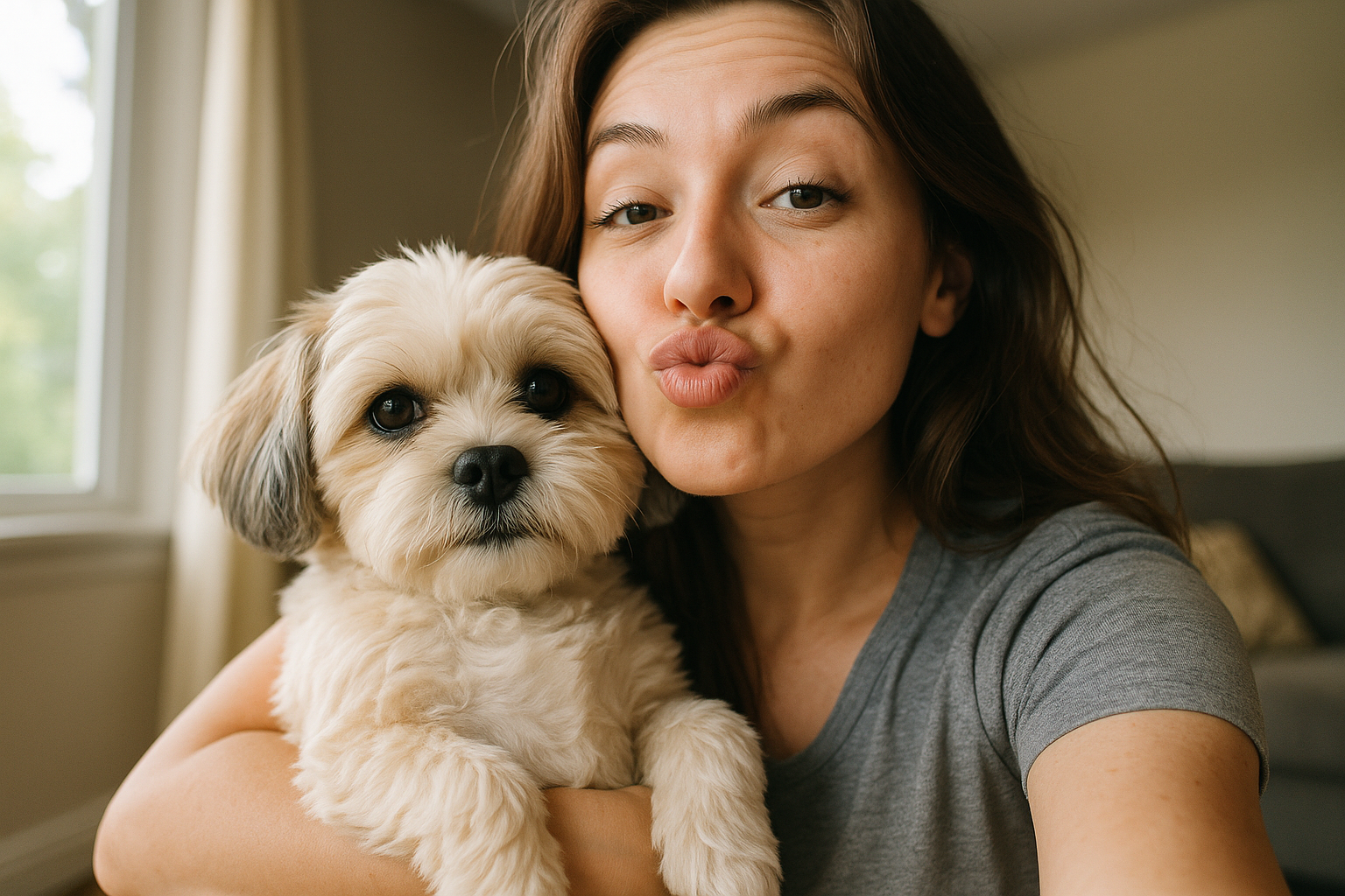 noe one holding her dog and kissing duckface